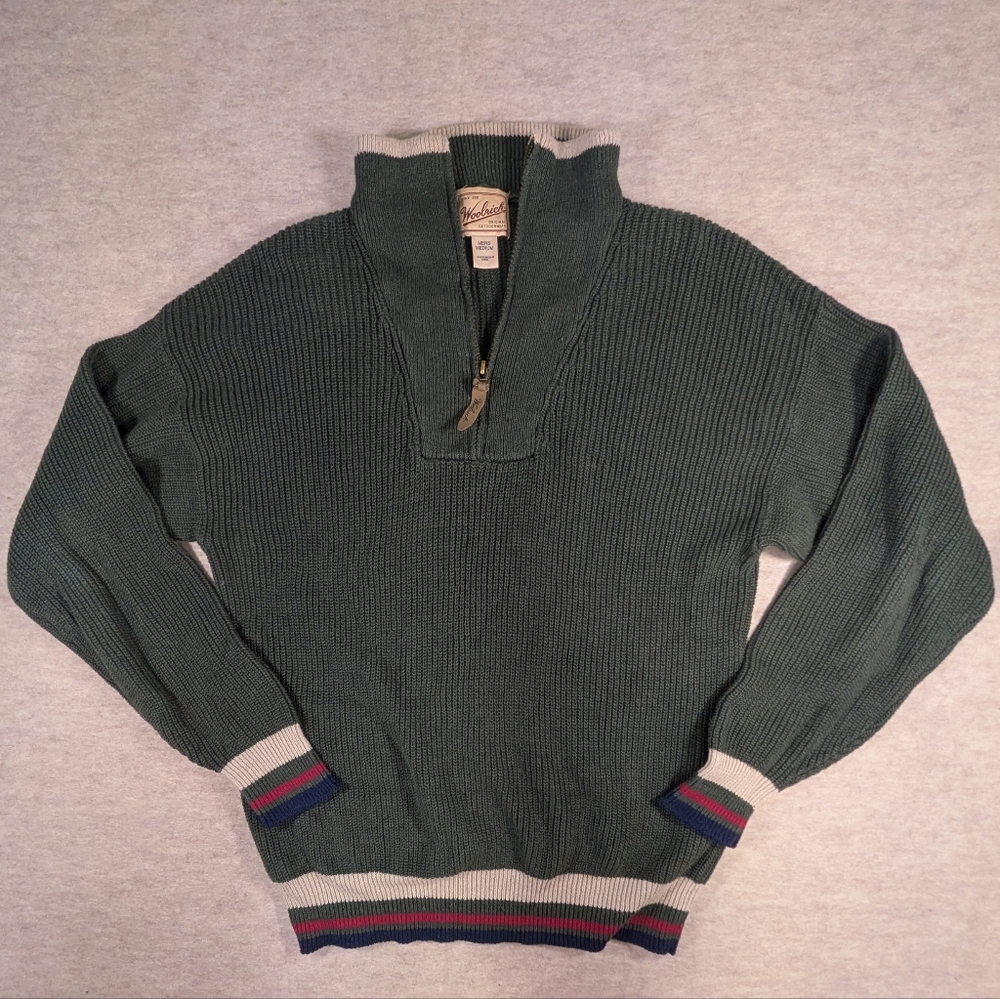 Woolrich Hunter Green Quarter Zip Cotton & Ramie Natural Ribbed Knit Sweater Med